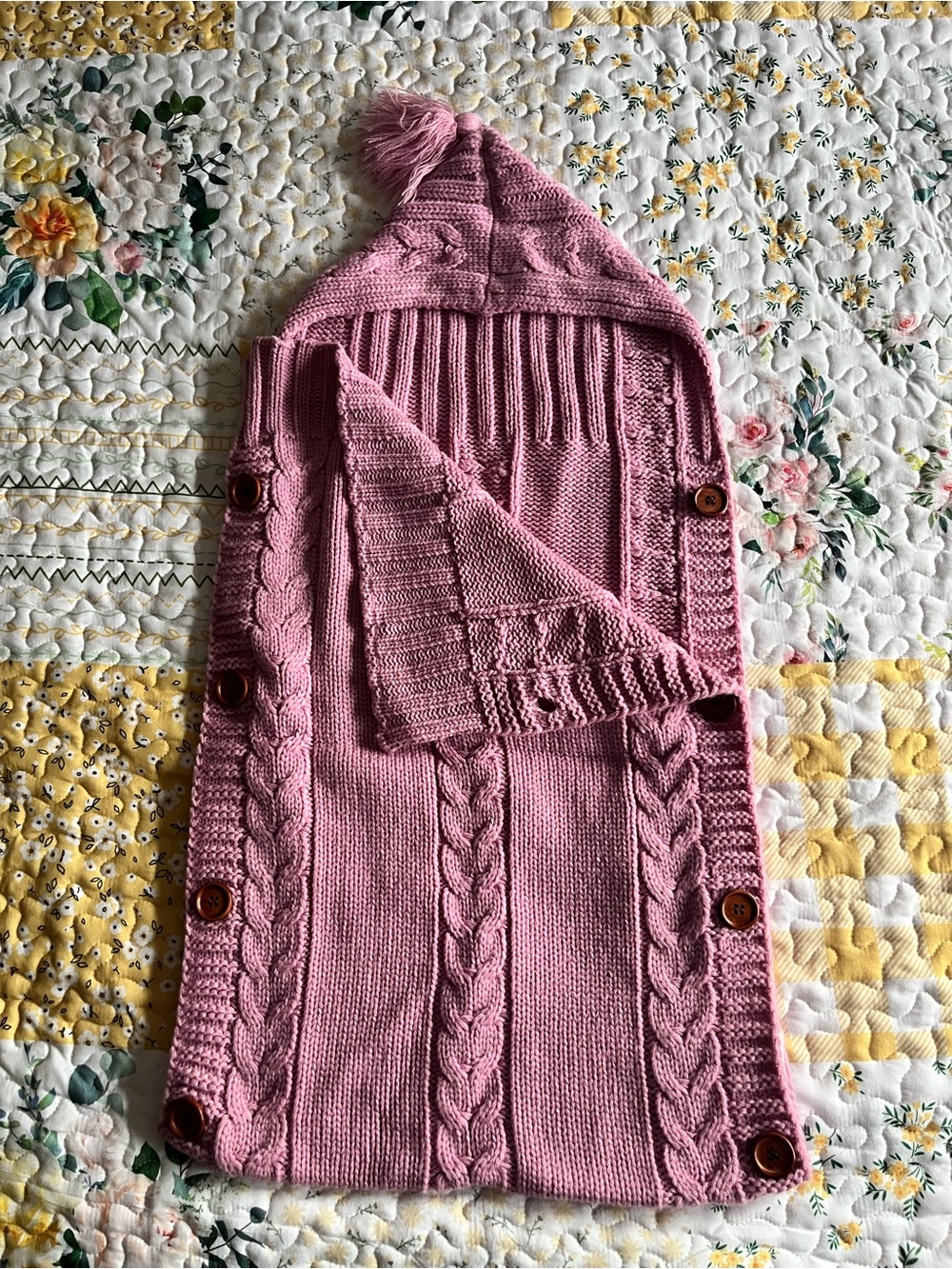 Pink Cable Knit Baby Blanket/Wrap with Hood